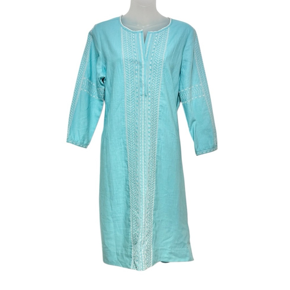 Etcetera Blue Linen Blend Dress with White Embroidery